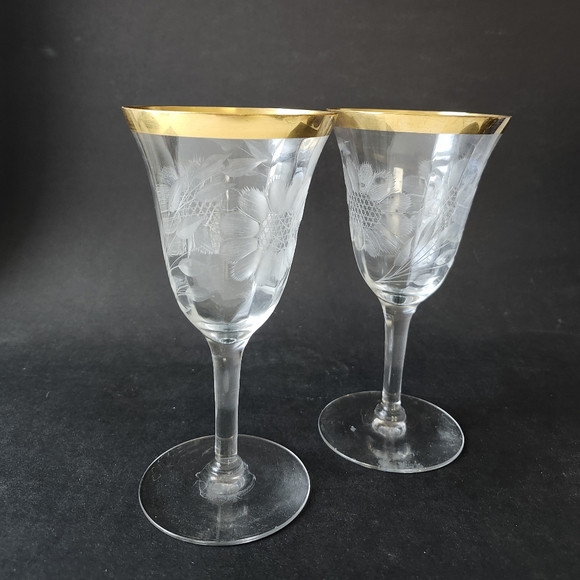 Set of 2 VTG 24K Gold Banded Etched Sun Flower Wine Glasses,  Crystal barware - Picture 5 of 11